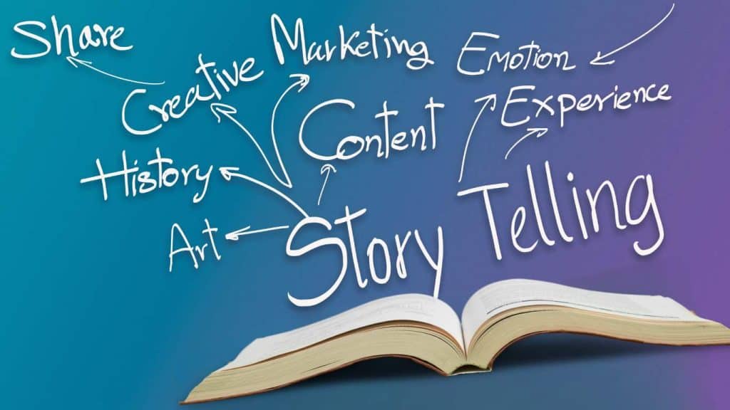 Image of open book with various storytelling elements: art, content, history, creative marketing, emotion, experience